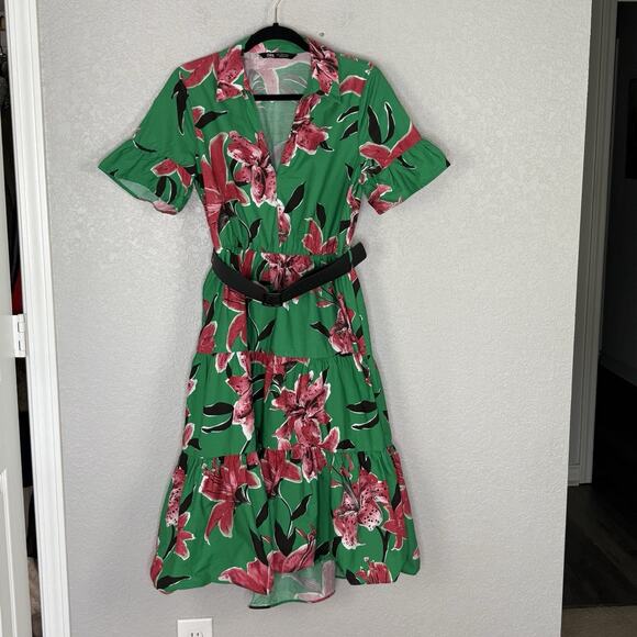 Zara Floral A Line Dress Belted Tiered Kelly Green Pink Colorful Dopamine Size L - Picture 3 of 6